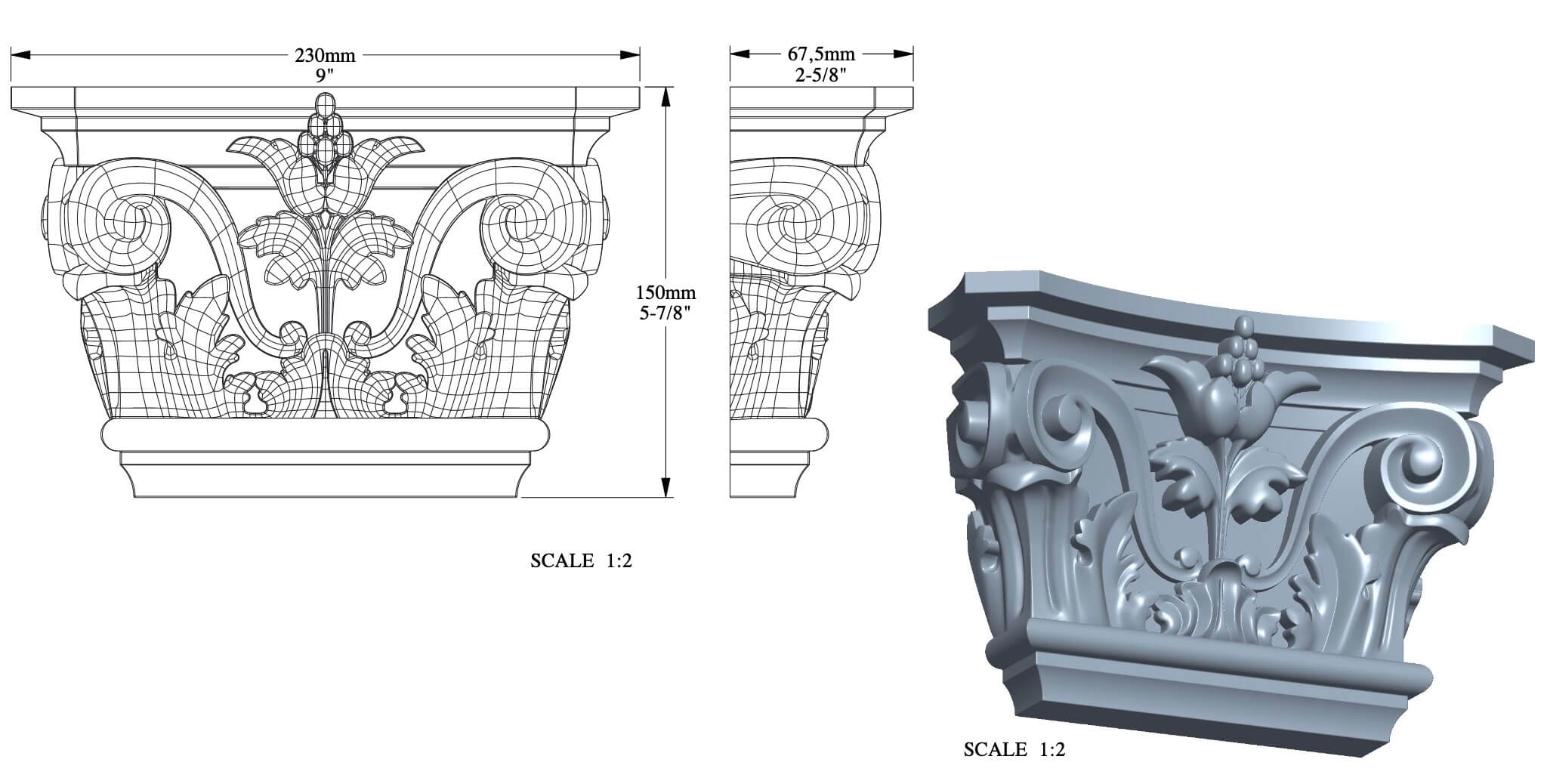 Chapiteau pour pilastre | 62 x 149 x 228 mm | K201