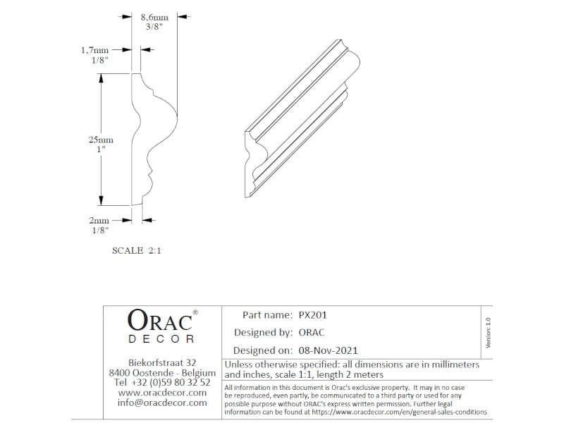 Flexible Wandleiste PX201F HERITAGE | 9 x 25 x 2000 mm